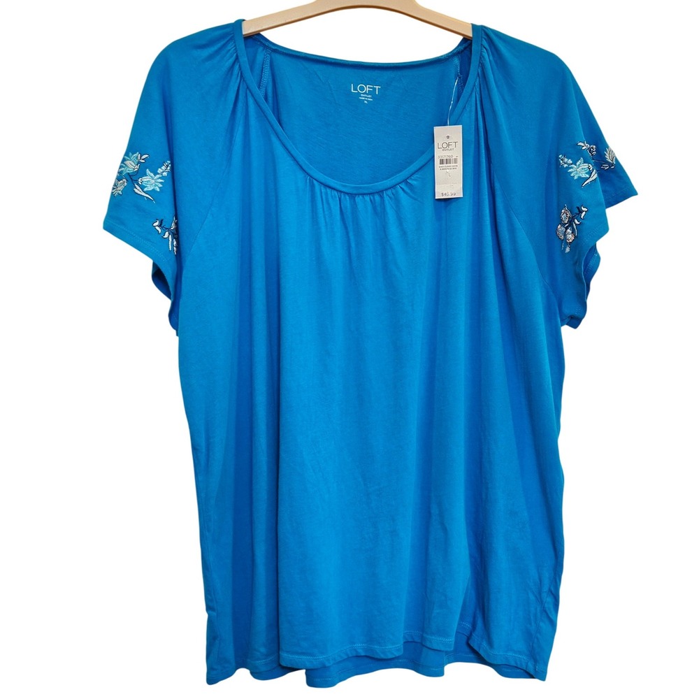 NWT!‎ Loft Blue Floral Embroidered Short Sleeve T-Shirt XL Boho